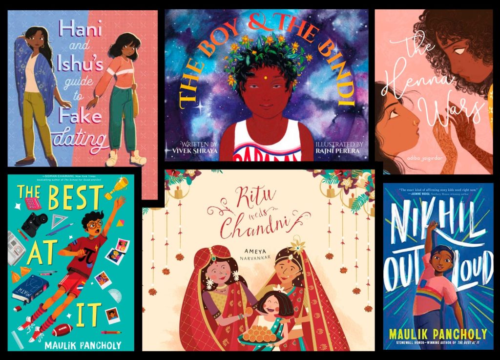 6 book covers of picture books and YA books by authors from South Asia or the South Asian diaspora